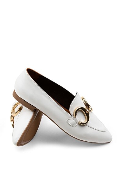 Deery Genuine Leather White Buckle Women's Ballerinas