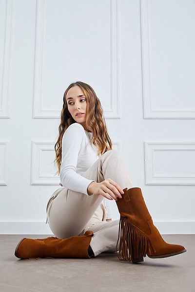 Deery Γνήσιες γυναικείες μπότες Western Tassel σε χρώμα Suede Tan