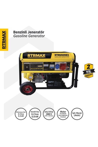 Rtrmax RTR6500E3 Benzinli Jeneratör (Trifaze) 6.8 Kva / 5.5 kW 380 V İpli / Marşlı (Akülü)