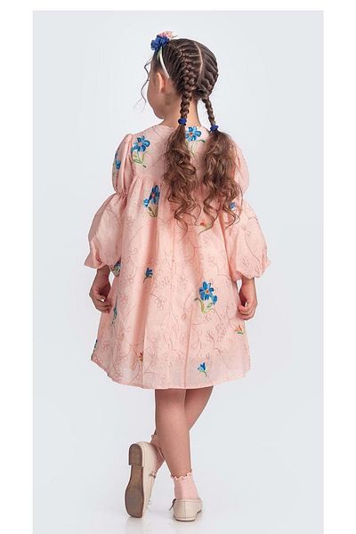Mnk Baby&Kids Mediterranean Floral Embroidery Girls Muslin Dress - Pudra M00706