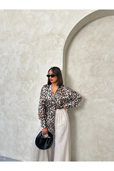 BEJNA Γυναικείο σατέν πουκάμισο με μπεζ σχέδιο