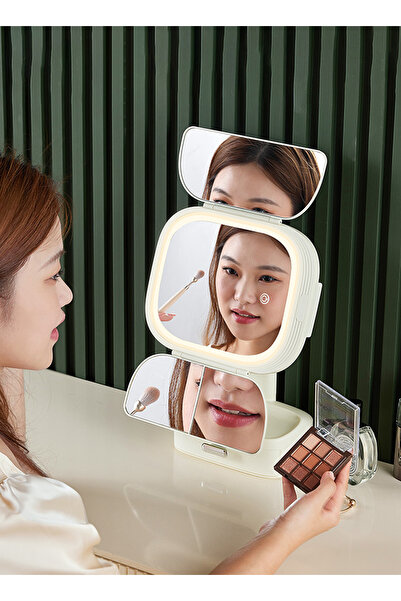 sharpdo Bedroom Multifunctional Desktop Rotatable LED Beauty Mirror With Storage Box