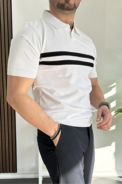 Edwox Men's Open Collar Striped T-Shirt White Edw236
