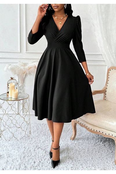 Little Visqon Women's Long Sleeve Double Breasted Collared Flared Imported Crepe Dress