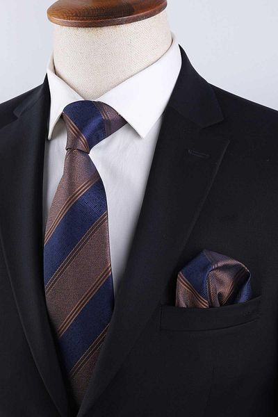 Kravatkolik Brown - Navy Blue Stripe Pattern Classic Tie with Handkerchief Kk13148