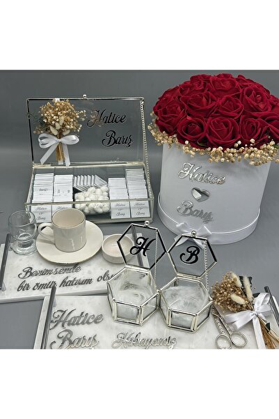 gifthomeshop İsteme Çiçeği, Çikolatası ve Söz-Damat Kahve Tepsisi 4'lü Set - ...