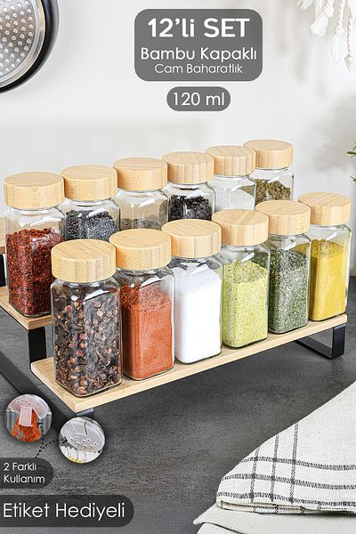 Meleni Home Set of 12 Spice Shakers with Bamboo Lids - Salt Shaker, Pepper Shaker and Angular Spice Set with Labels 120 ml
