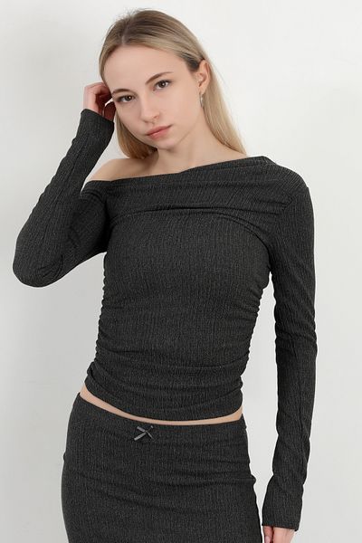 GİYSA Women's Asymmetrical Collar Wrap Blouse Anthracite - Mw 000099