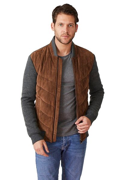 Deriderim Cognac Benny Zippered Sleeves and Back Gray Knitwear Prevailing Collar Men's College Genuine Suede Coat