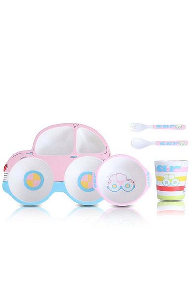 COOYA Kids Dinnerware Set, 5 Piece Car Shaped Divided Plates with Spoon and Fork, Picky Eater Friendly