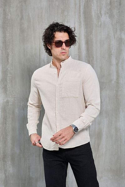JR Boutique Μπεζ ανδρικό λινό πουκάμισο - Καλοκαίρι, Judge Collar
