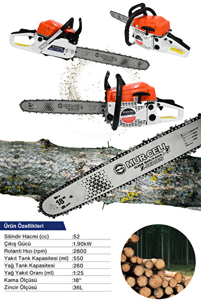 Mur-Cell Mur-5201 Benzinli Testere Hızar Motoru Ağaç Odun Kesme Testeresi 52cc