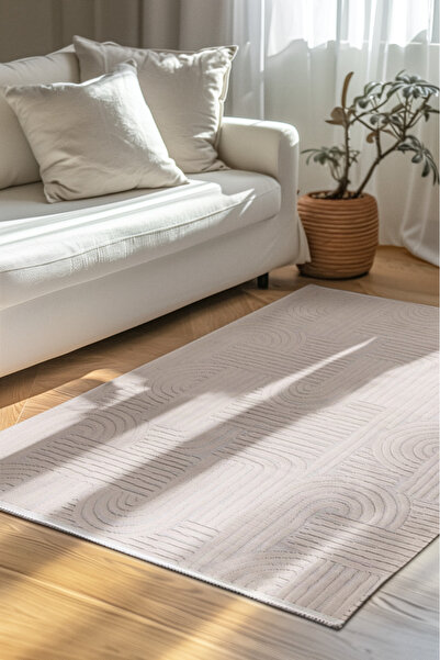 dekozer True Beyaz Geometrik Koridor Kesme Halı Tozumaz Yumuşak Modern Oturma...