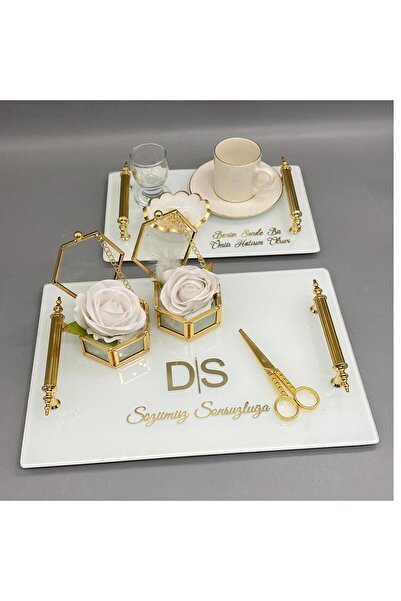 gifthomeshop Söz ve Damat Kahvesi Tepsisi - Beyaz Dikdörtgen Tepsi, Varak Süs...