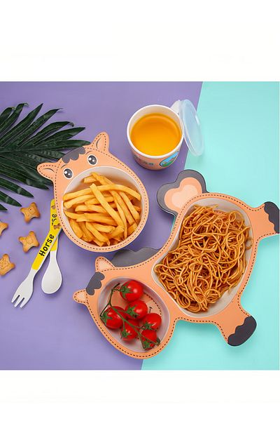 COOYA 5 Piece Kids Cartoon Horse Dinnerware Set, safety, natural bamboo fiber, Suitable for home,picnic