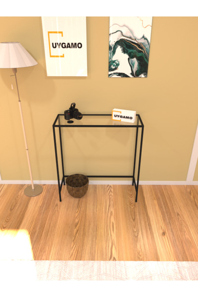 UYGAMO Vivo Metal Dresuar Dekoratif Kahve Köşesi Konsol Siyah Şeffaf Camlı 80 cm