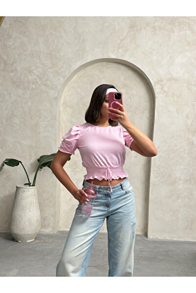 Miss Allos Γυναικεία μπλούζα με λάστιχο μέσης με κοντό μανίκι Gingham με σχέδιο