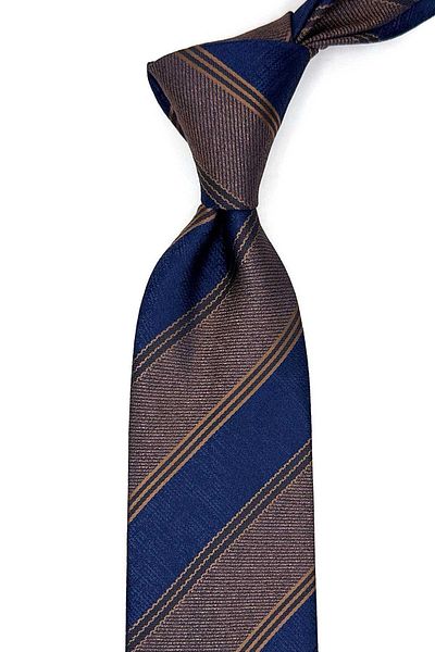 Kravatkolik Brown - Navy Blue Stripe Pattern Classic Tie with Handkerchief Kk13148