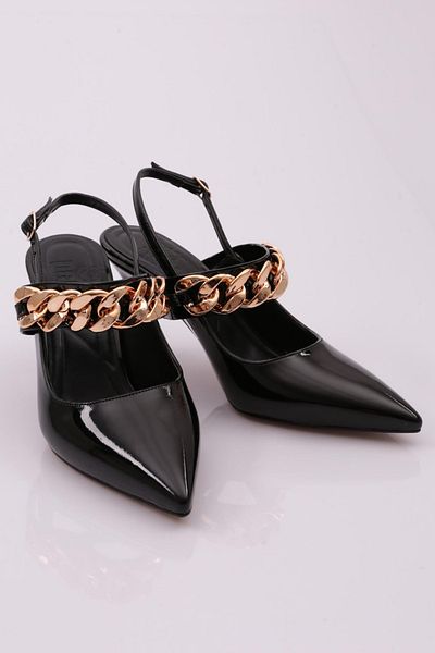DGN 605 Accesorii pentru femei Pantofi cu toc cu bretele Piele lacuita neagra