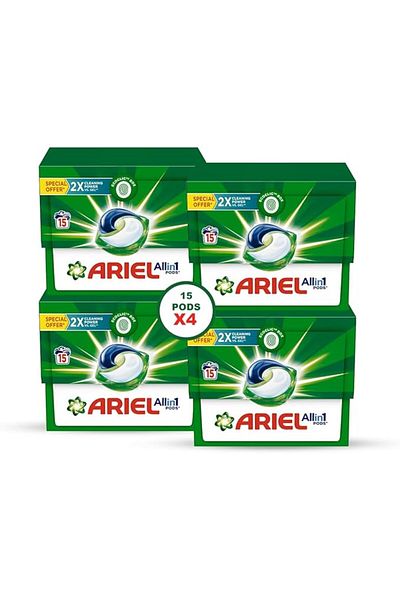 Ariel Original All-in-1 Pods, 15 Count, Cleans, Lifts Stains, Brightens, Pack of 4, 60 Pods