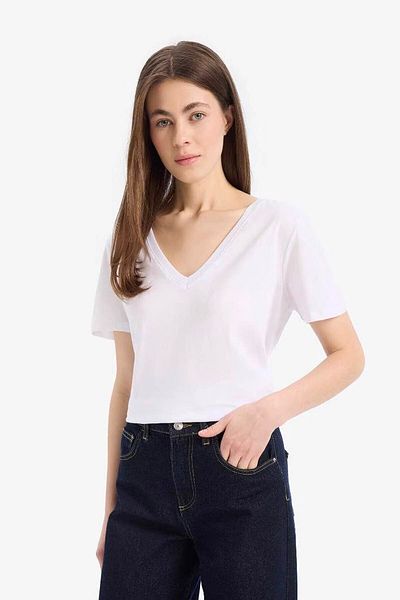 DeFacto Tricou alb cu decolteu în V, cu croiala normală, pentru femei W9578az/wt34