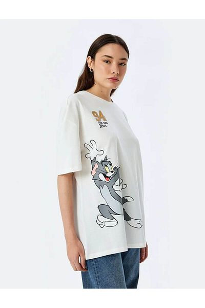 Koton Dámské tričko Tom And Jerry Printed Ecru 5sal10269ık