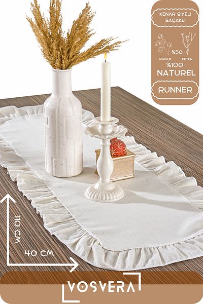 vosvera 40x110 cm Vintage Rufle Φυσικό Βαμβακερό Λινό Runner - Με βολάν και λεπτομέρεια με καμπύλες