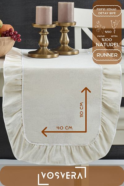 vosvera 40x110 cm Vintage Rufle Φυσικό Βαμβακερό Λινό Runner - Με βολάν και λεπτομέρεια με καμπύλες