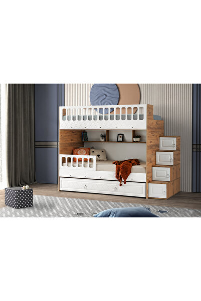 miracool Zümrüt Ranza / Çam-beyaz / Ücretsiz Kurulum / 3 Yatak Bölümü Ve Dolaplı Merdiven / %100 MDF