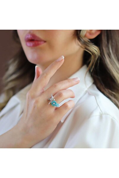 Necati Gün Kuşlu Frezya Çiçeği Turkuaz Gümüş Yüzük