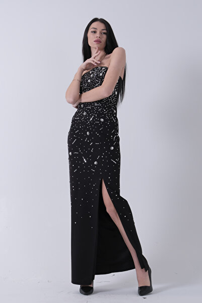 Feminist Taş İşlemeli Straplez Yırtmaçlı Abiye Siyah 0801045