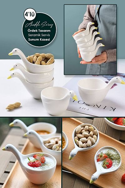 Anadolu Saray 4-Piece Duck Design Handmade Ceramic Serving Presentation Bowl Sauce Bowl Jam Bowl and Treat Bowl - Duck Presentation Bowl