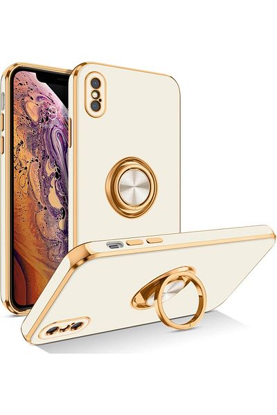 AWH جراب iPhone Xs Max، حامل حلقي لامع، مصد TPU نحيف مقاوم للصدمات، تصميم أبيض/ذهبي.