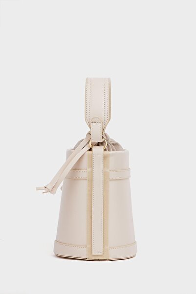 Madamra Beige Women's Contrast Stitched Bucket Hand and Shoulder Bag