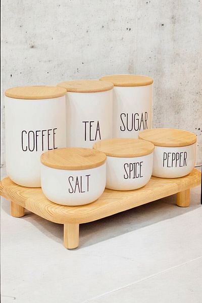 Mirilliahome Set of 6'Li White Jars with Bamboo Stand - Tea/Coffee/Sugar Jar with Bamboo Lids and Spice Kit