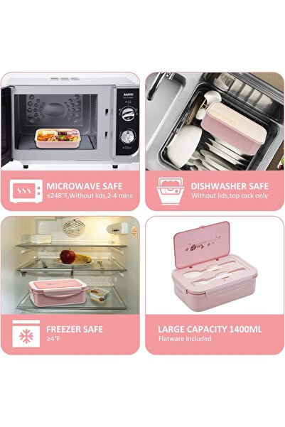 COOYA 3 Compartments Bento Boxes,1400 ML Leak Proof Bento Lunch Box with Spoon Fork and BPA Free（Pink）