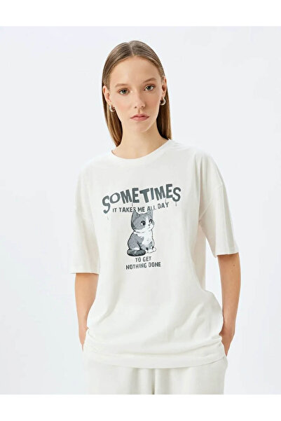 Koton Tricou oversize pentru femei Ecru cu slogan imprimat pisică 5SAL10178IK