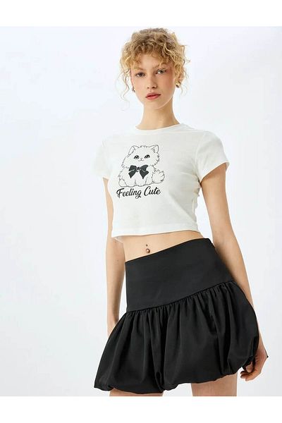 Koton Cat Printed Crop Crew Neck Ecru Γυναικείο T-shirt 5sal10246ık