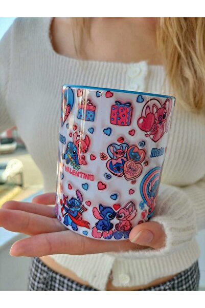 mug shop Stitch & Angel Tasarım Porselen Renkli Sevgili İsim Yazılabilir Hedi...