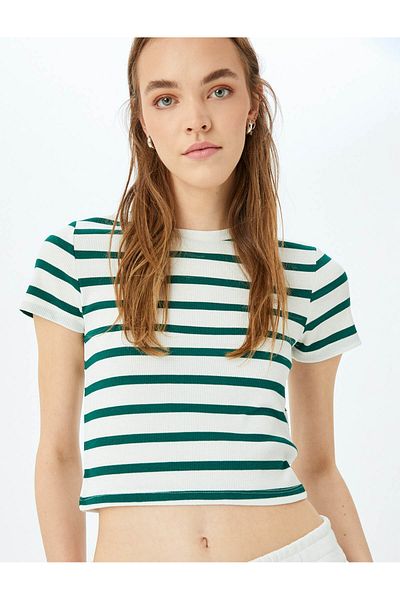 Koton Basic Striped Crew Neck Green Women's T-Shirt 5Sal10047Ik