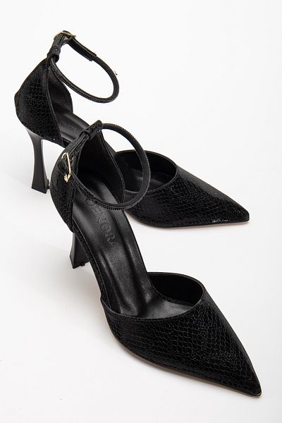DENORA Pointed Toe Black Snake Print Ankle Strap Stylish Heeled Open Back Stiletto Shoes
