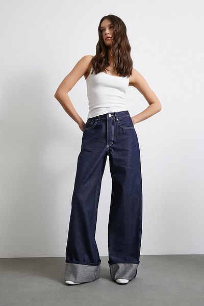 Never more Five Pockets High Waist Folded Jeans Navy Blue