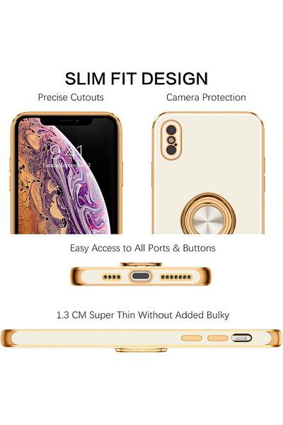AWH جراب iPhone Xs Max، حامل حلقي لامع، مصد TPU نحيف مقاوم للصدمات، تصميم أبيض/ذهبي.