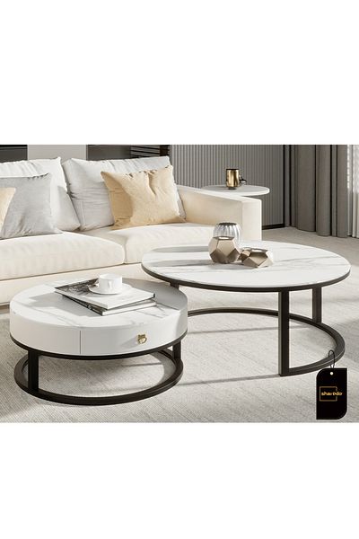 sharpdo Household Living Room Rock Panel Retractable Tea Table Circular Tea Table 70*70*45&50*50*40CM