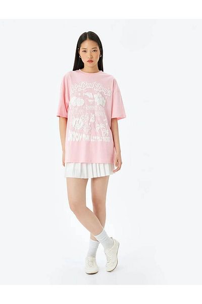 Koton Slogan Printed Oversize Pink Women's T-Shirt 5Sal10074Ik
