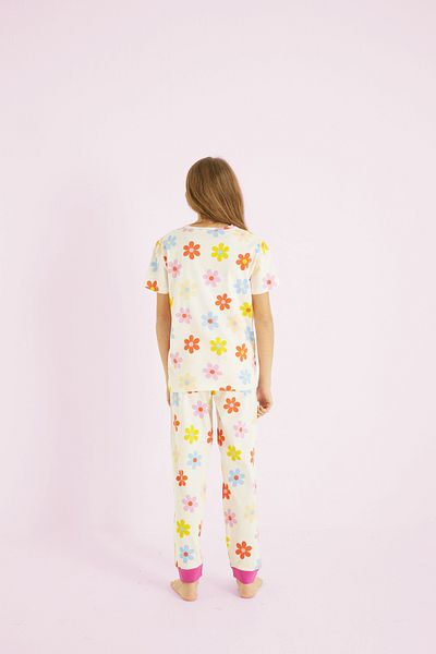Siyah İnci Ecru Girl's 100% Cotton Floral Printed Crew Neck Pajamas Suit 25110054