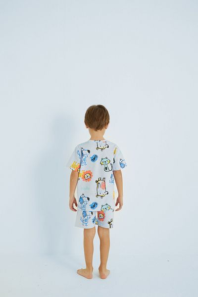 Siyah İnci Blue Boy's 100% Cotton Lion Animal Printed Crew Neck Shorts Set 25110106