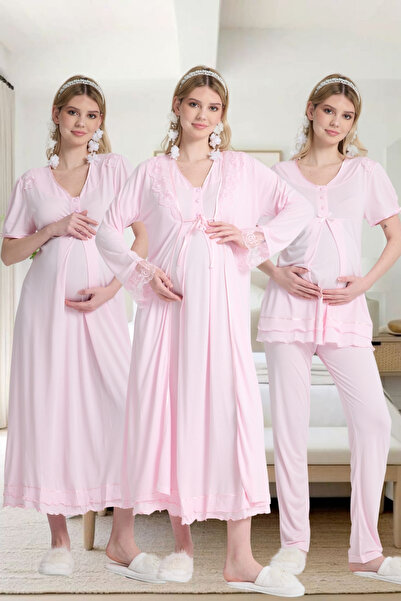 Effortt Venera Lohusa Hamile Pijama Seti Zarif Dantel Detaylı 4 Parça Pijma G...