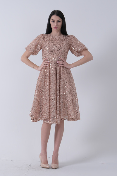 Feminist Gold Midi Evening Dress - Sequins and Short Sleeve 6502498