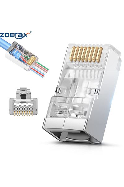 ZoeRax OD 1.2MM 50 قطعة ZoeRax 50 قطعة موصلات RJ45 Cat6 Cat6A محمية - 3 Prong 8P8C Gold Pla